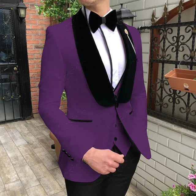 Fashion Men's Suit 3 Pieces Slim Fit Prom Tuxedos Tweed Shawl Lapel Wedding Grooms Blazer Vest Pants Wholesale