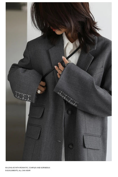 Women Office Lady Blazer Cuff Embroidery Wide Shoulder Twill Suit Women's Autumn Ladies Outerwear  Stylish Tops