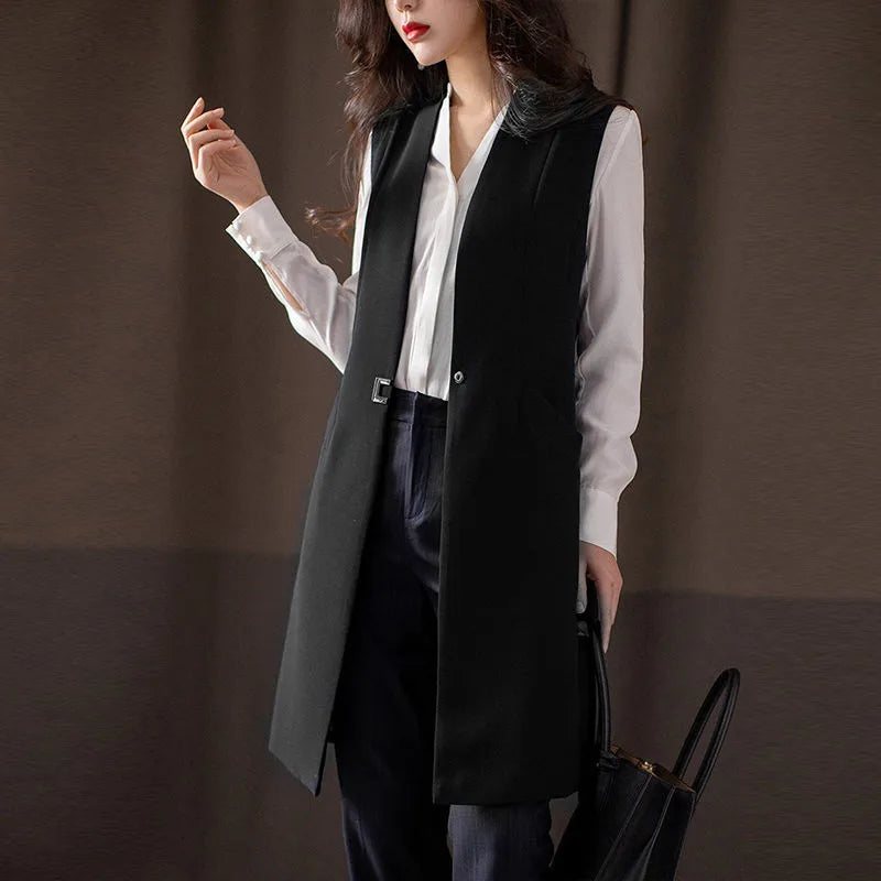 Spring Autumn Women Vest Coat New Fashion Mid Long Sleeveless Blazer Jacket Office Lady Waistcoat Female Outerwear Casual Tops