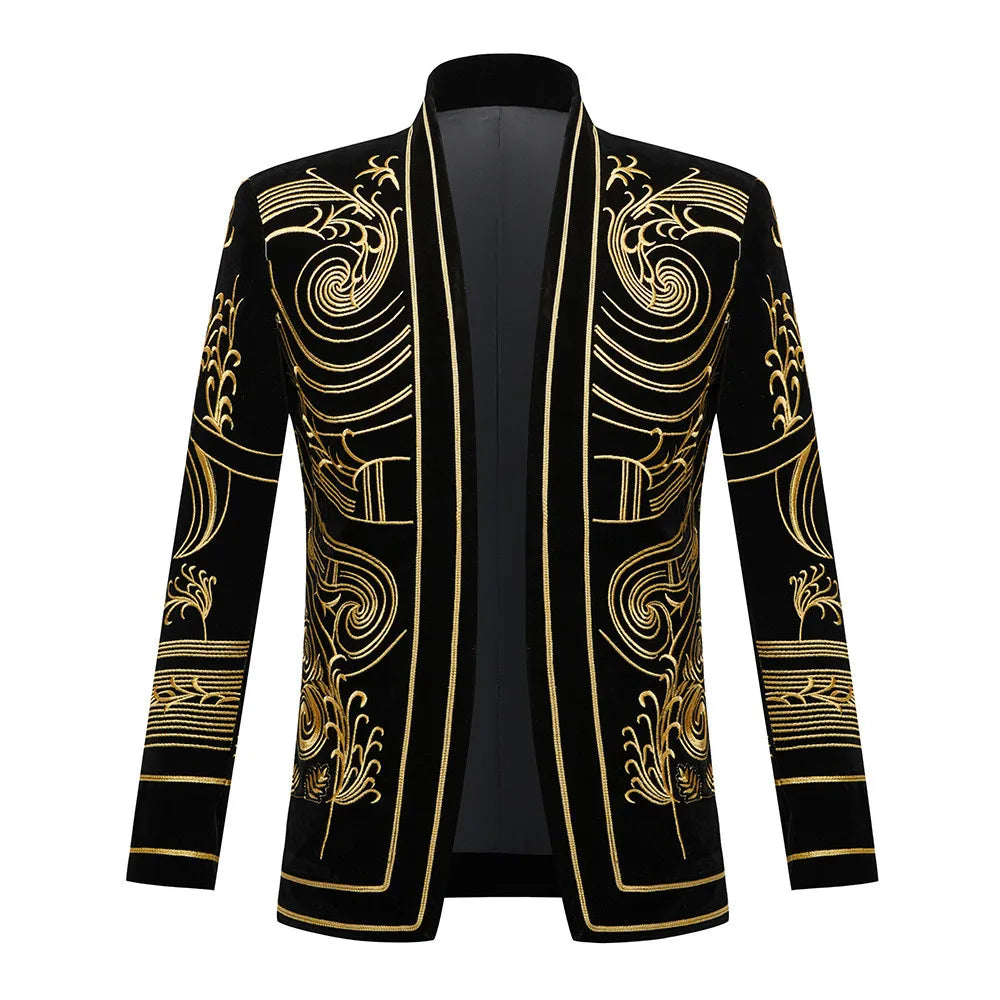 Men Vintage Velvet Embroidery Suit Jacket Cardigan Blazer Singer Concert Stage Costume Party Prom Wedding Tuxedo Costume