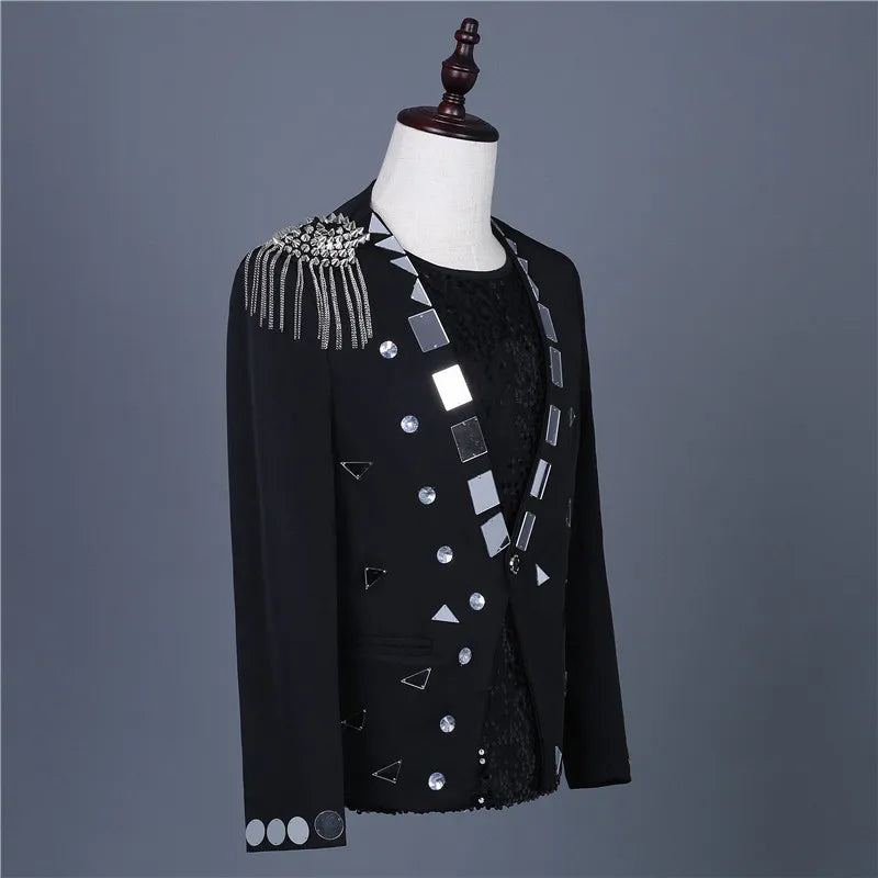 Men's Fashion Silver Black Rivet Sequined Slim Fit Jacket Punk Style Stage Performance Coat Bar Singer Host Nightclub Stage Wear