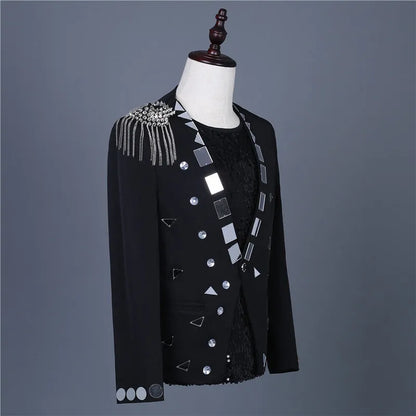 Men's Fashion Silver Black Rivet Sequined Slim Fit Jacket Punk Style Stage Performance Coat Bar Singer Host Nightclub Stage Wear