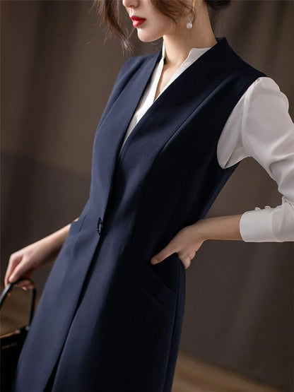 Spring Autumn Women Vest Coat New Fashion Mid Long Sleeveless Blazer Jacket Office Lady Waistcoat Female Outerwear Casual Tops