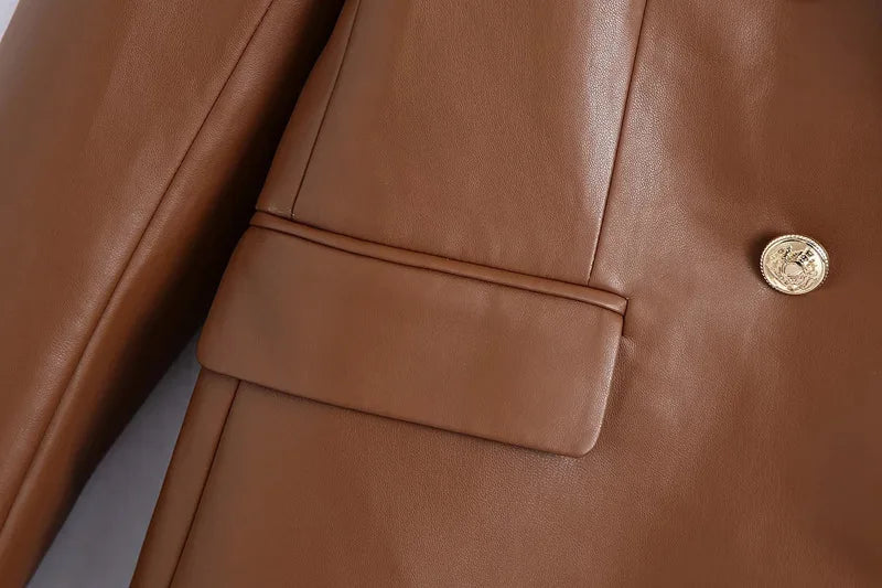 Women Fashion Notched Double Breasted PU Leather Blazers Coat Casual Straight Long Sleeve Back Vents Female Outerwear Chic Tops
