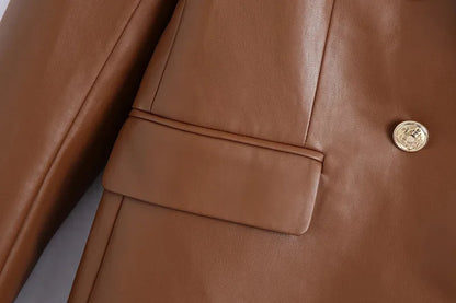 Women Fashion Notched Double Breasted PU Leather Blazers Coat Casual Straight Long Sleeve Back Vents Female Outerwear Chic Tops