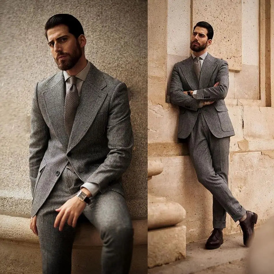 Fashion Men Suits Tailor-Made 2 Pieces Lapel Tiny Houndstooth Cloth Formal Wedding Causal Singer Performance Customized