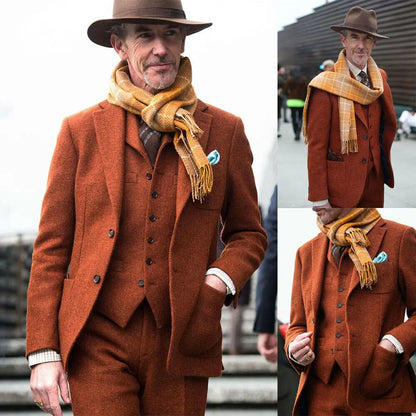 Vintage Men Suits Wool Blend Tweed Notch Lapel Tailored Costume Homme Tailor-Made 3 Pieces Blazer Coats Vest Pants Business Prom