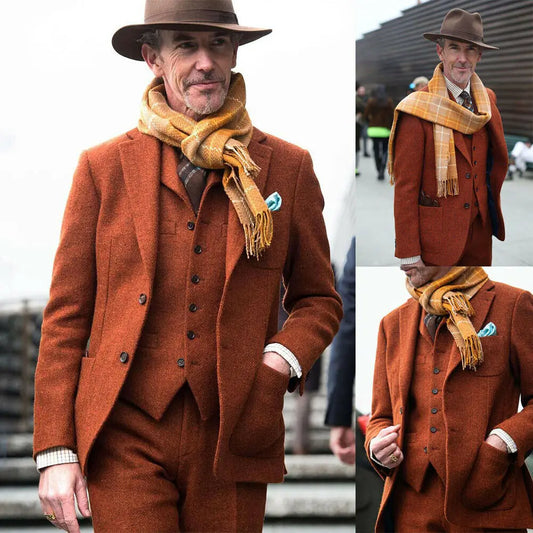 Vintage Men Suits Wool Blend Tweed Notch Lapel Tailored Costume Homme Tailor-Made 3 Pieces Blazer Coats Vest Pants Business Prom