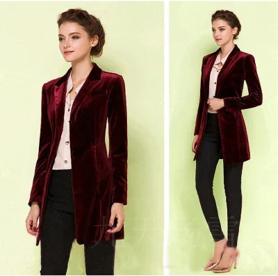 New Female High Quality Chic Tops Europe women's velvet blazer Slim Fit Long OL jacket Ladies Blouses Suit Coat Free Shipping