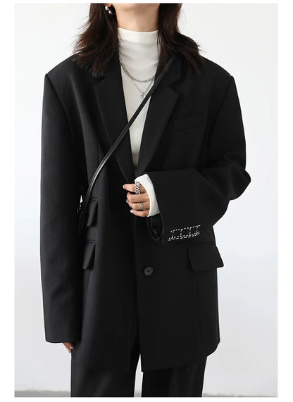 Women Office Lady Blazer Cuff Embroidery Wide Shoulder Twill Suit Women's Autumn Ladies Outerwear  Stylish Tops