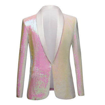 Luxury Stylish Men's Sequins Suit Jacket Pink White Shawl Collar Banquet Evening Celebrate Tuxedo Blazers Singer Host Costume
