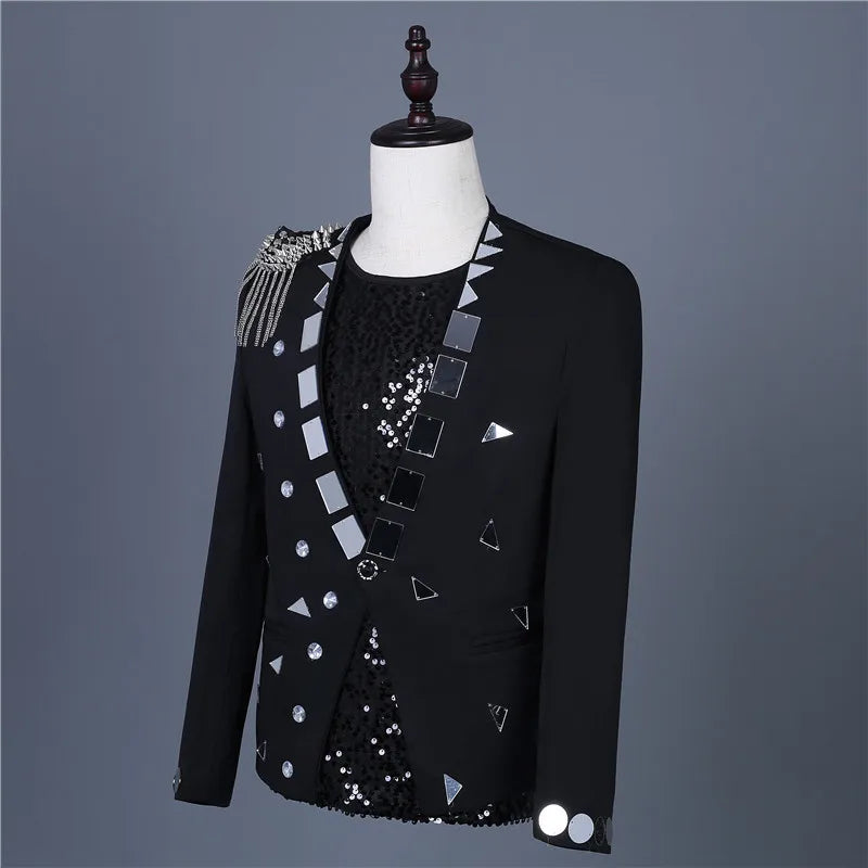 Men's Fashion Silver Black Rivet Sequined Slim Fit Jacket Punk Style Stage Performance Coat Bar Singer Host Nightclub Stage Wear