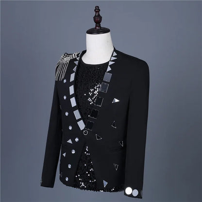Men's Fashion Silver Black Rivet Sequined Slim Fit Jacket Punk Style Stage Performance Coat Bar Singer Host Nightclub Stage Wear