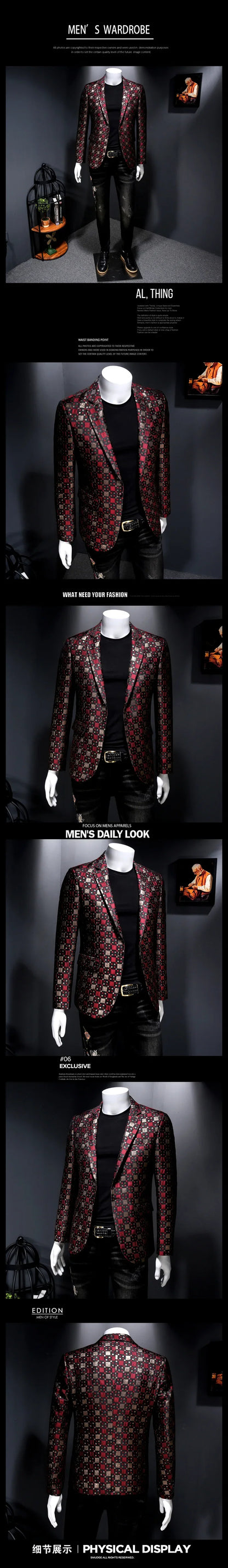 Autumn New Luxury Men Slim Fit Lattice Stage Casual Suit Coat New Silver Burgundy Green Men Groom Wedding Suit Lattice Coats