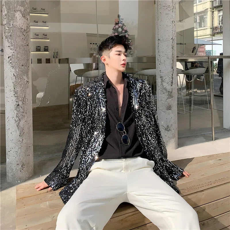 Sparkly Black Sequins Blazer Jacket Evening Party Nightclub Bar Male Singer Stage Performance Costume Fashion Loose Casual Coat