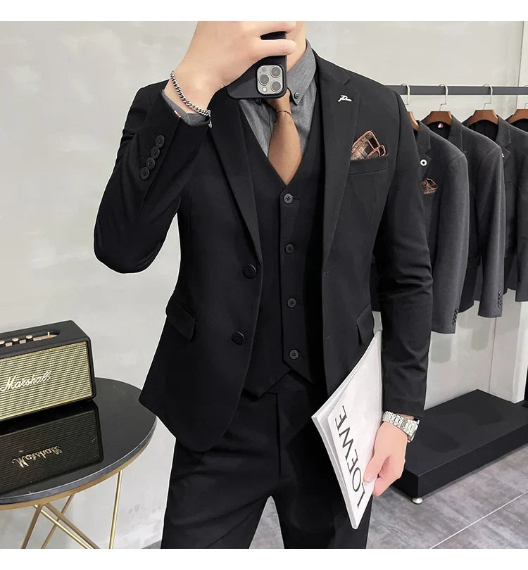 Plus Size S-7XL Man Korean Slim Fit Custom Groom Business Casual Tuxedo Blazers Vest Pant Casual Wedding Social Tuxedo Dress
