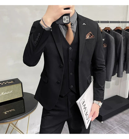 Plus Size S-7XL Man Korean Slim Fit Custom Groom Business Casual Tuxedo Blazers Vest Pant Casual Wedding Social Tuxedo Dress