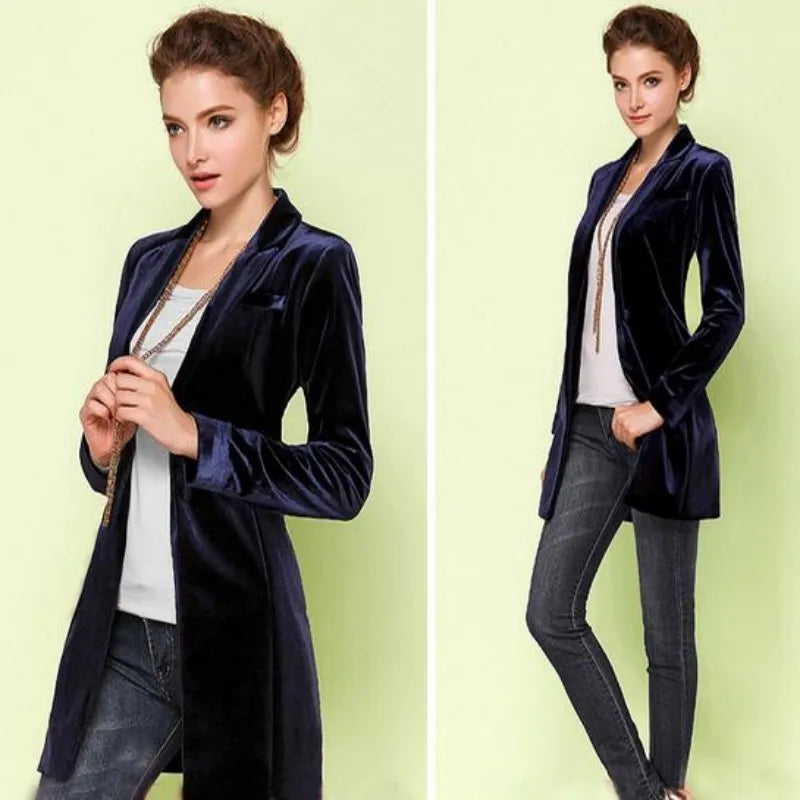 New Female High Quality Chic Tops Europe women's velvet blazer Slim Fit Long OL jacket Ladies Blouses Suit Coat Free Shipping