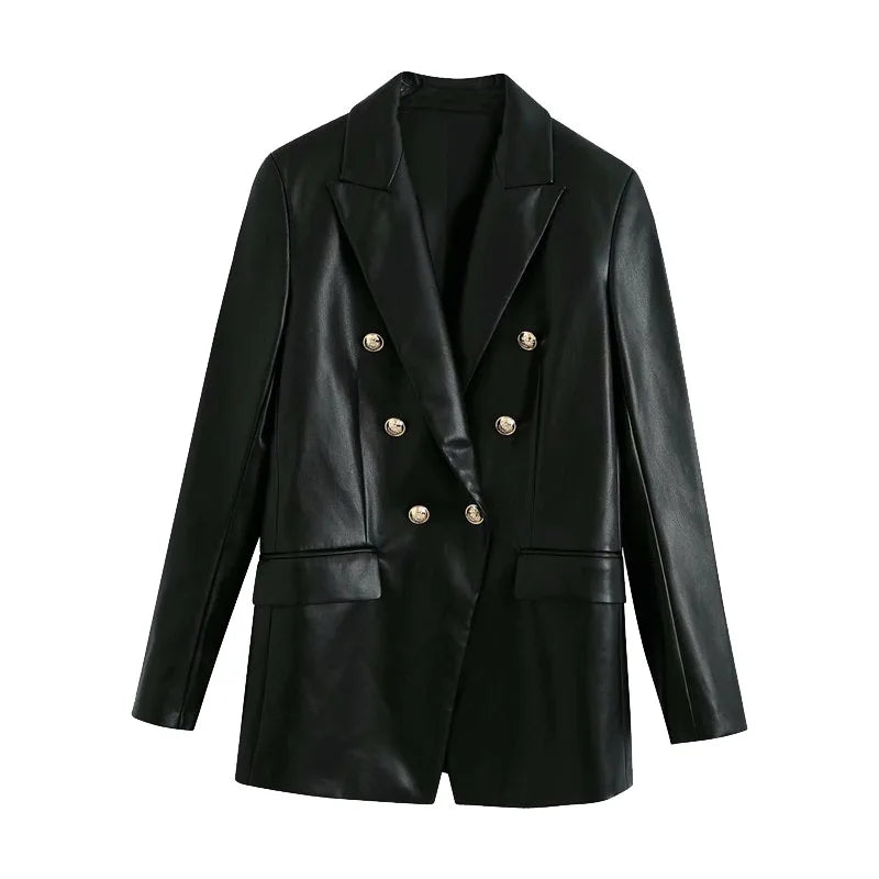 Women Fashion Notched Double Breasted PU Leather Blazers Coat Casual Straight Long Sleeve Back Vents Female Outerwear Chic Tops