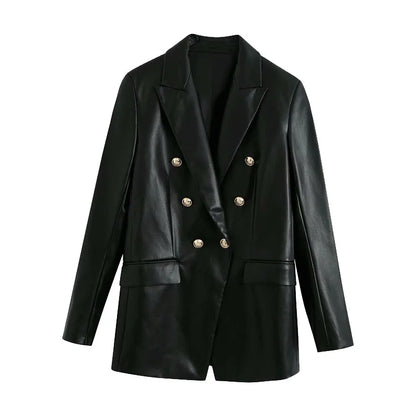 Women Fashion Notched Double Breasted PU Leather Blazers Coat Casual Straight Long Sleeve Back Vents Female Outerwear Chic Tops
