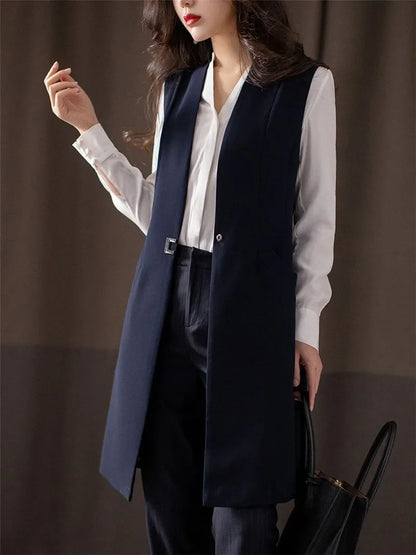 Spring Autumn Women Vest Coat New Fashion Mid Long Sleeveless Blazer Jacket Office Lady Waistcoat Female Outerwear Casual Tops