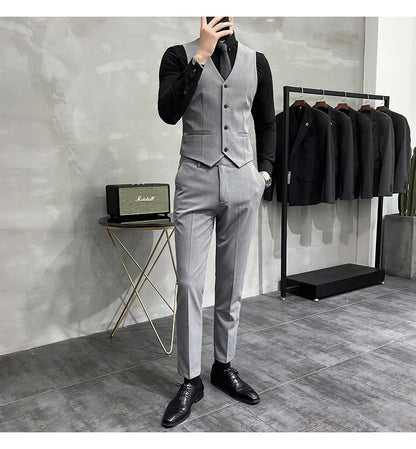 Plus Size S-7XL Man Korean Slim Fit Custom Groom Business Casual Tuxedo Blazers Vest Pant Casual Wedding Social Tuxedo Dress