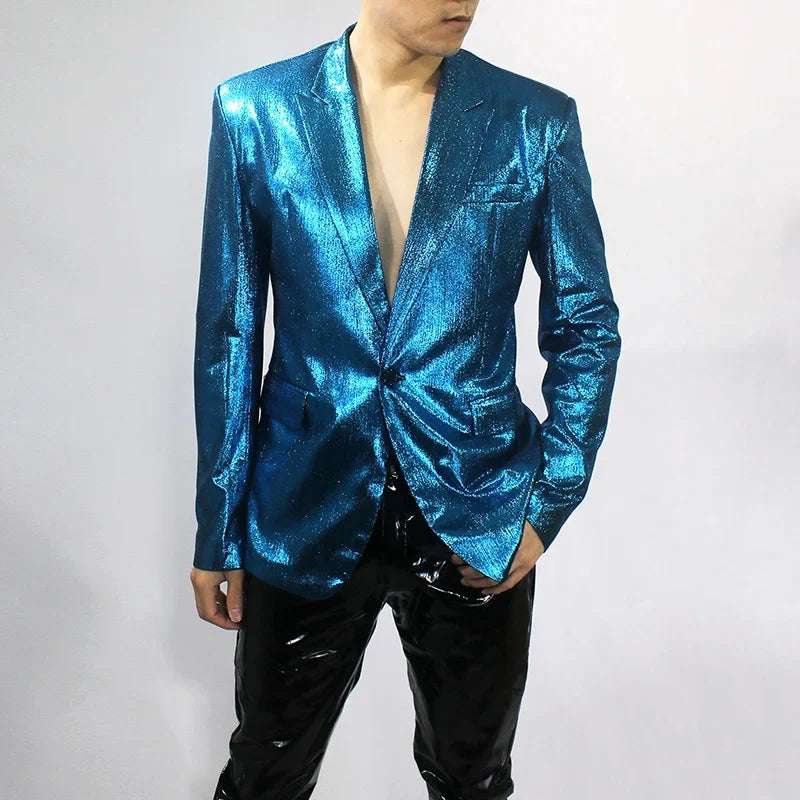 Bar Nightclub Shinny Silver Blue Green Blazer For Male Singer Host Stage Performance Costume Thin Style Slim One Button Coat