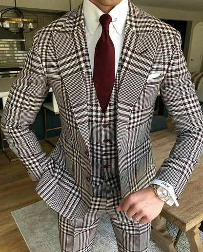 Business Men Suits Tailor-Made Plaid Tuxedo 3 Pieces Blazer Plaid Wedding Groom Groomsman Party Singer Casual Prom Tailored