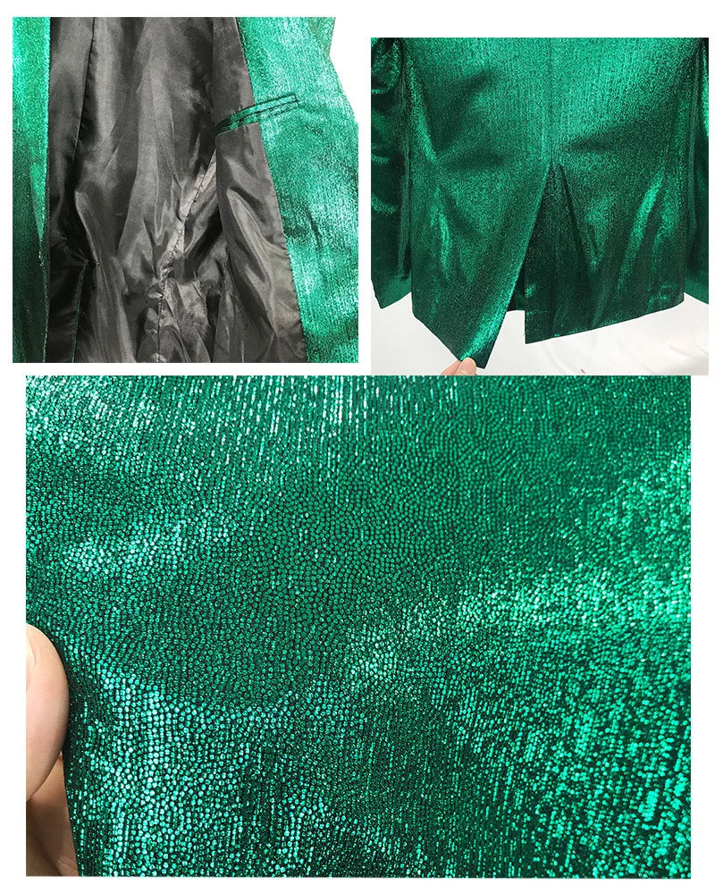 Bar Nightclub Shinny Silver Blue Green Blazer For Male Singer Host Stage Performance Costume Thin Style Slim One Button Coat