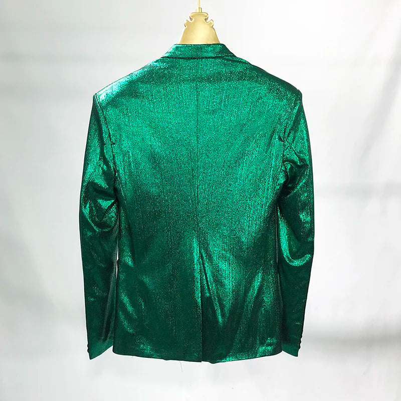 Bar Nightclub Shinny Silver Blue Green Blazer For Male Singer Host Stage Performance Costume Thin Style Slim One Button Coat