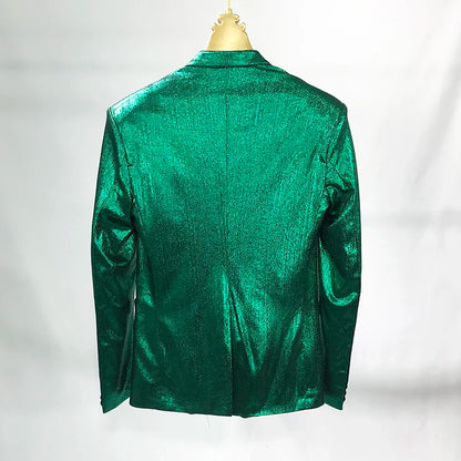Bar Nightclub Shinny Silver Blue Green Blazer For Male Singer Host Stage Performance Costume Thin Style Slim One Button Coat