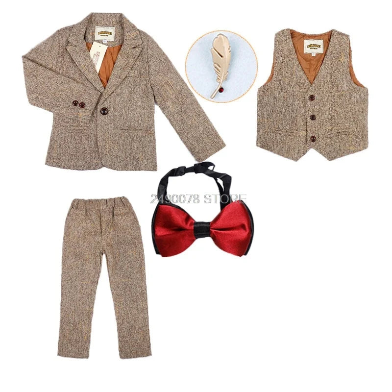 Flower Boys Wedding Suit Children Formal Tuxedo Blazer Vest pants Tie 4Pcs Clothing Set Kids Performance Party Dress Costume