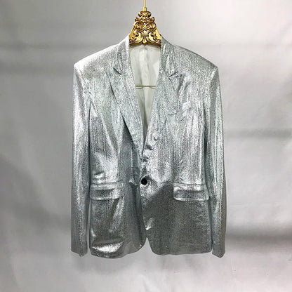 Bar Nightclub Shinny Silver Blue Green Blazer For Male Singer Host Stage Performance Costume Thin Style Slim One Button Coat