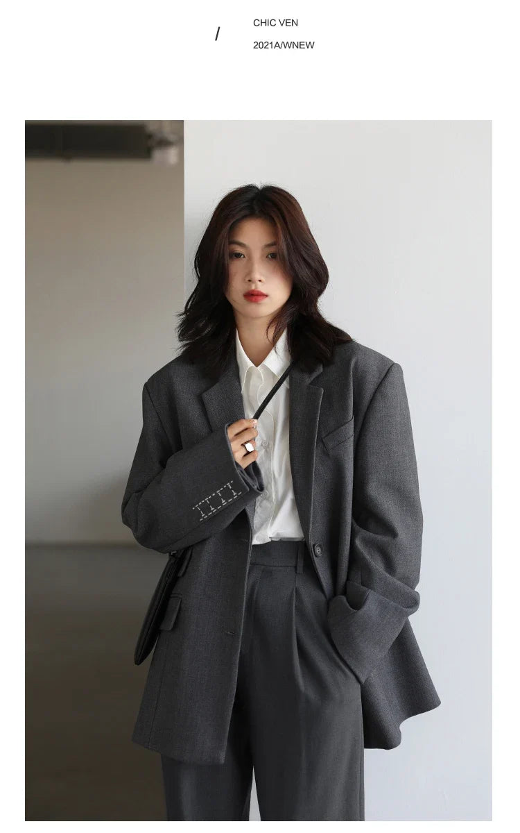 Women Office Lady Blazer Cuff Embroidery Wide Shoulder Twill Suit Women's Autumn Ladies Outerwear  Stylish Tops
