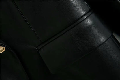 Women Fashion Notched Double Breasted PU Leather Blazers Coat Casual Straight Long Sleeve Back Vents Female Outerwear Chic Tops