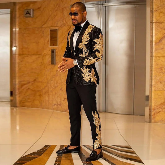Men Suits Tailor-Made 2 Pieces High Quality Gold Sequin Applique Suit Casual Suit Jacket Singer Performance Wedding Customized