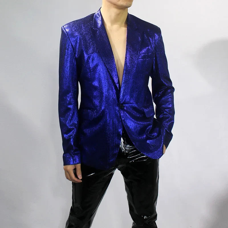 Bar Nightclub Shinny Silver Blue Green Blazer For Male Singer Host Stage Performance Costume Thin Style Slim One Button Coat