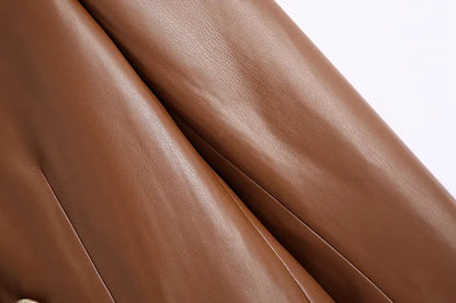 Women Fashion Notched Double Breasted PU Leather Blazers Coat Casual Straight Long Sleeve Back Vents Female Outerwear Chic Tops