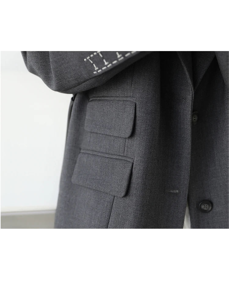 Women Office Lady Blazer Cuff Embroidery Wide Shoulder Twill Suit Women's Autumn Ladies Outerwear  Stylish Tops
