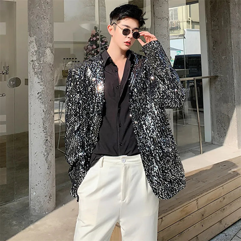 Sparkly Black Sequins Blazer Jacket Evening Party Nightclub Bar Male Singer Stage Performance Costume Fashion Loose Casual Coat
