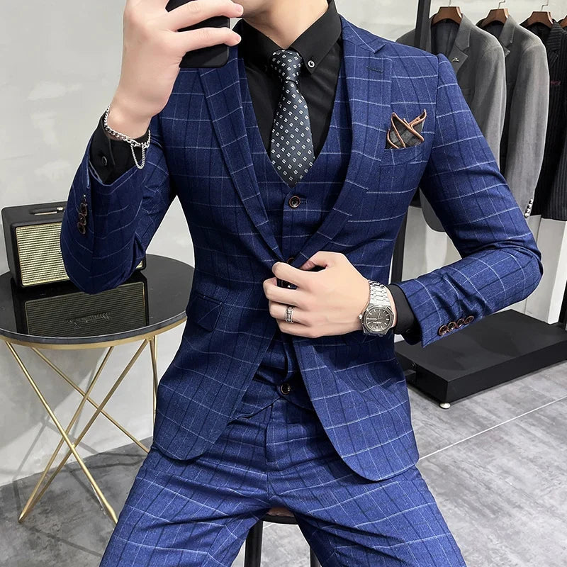 (Jackets +Pants+Vest) Luxury Men Groom Wedding Tuxedo Fashion Plaid Business Suits High Quality Casual Business Suit Three-piece
