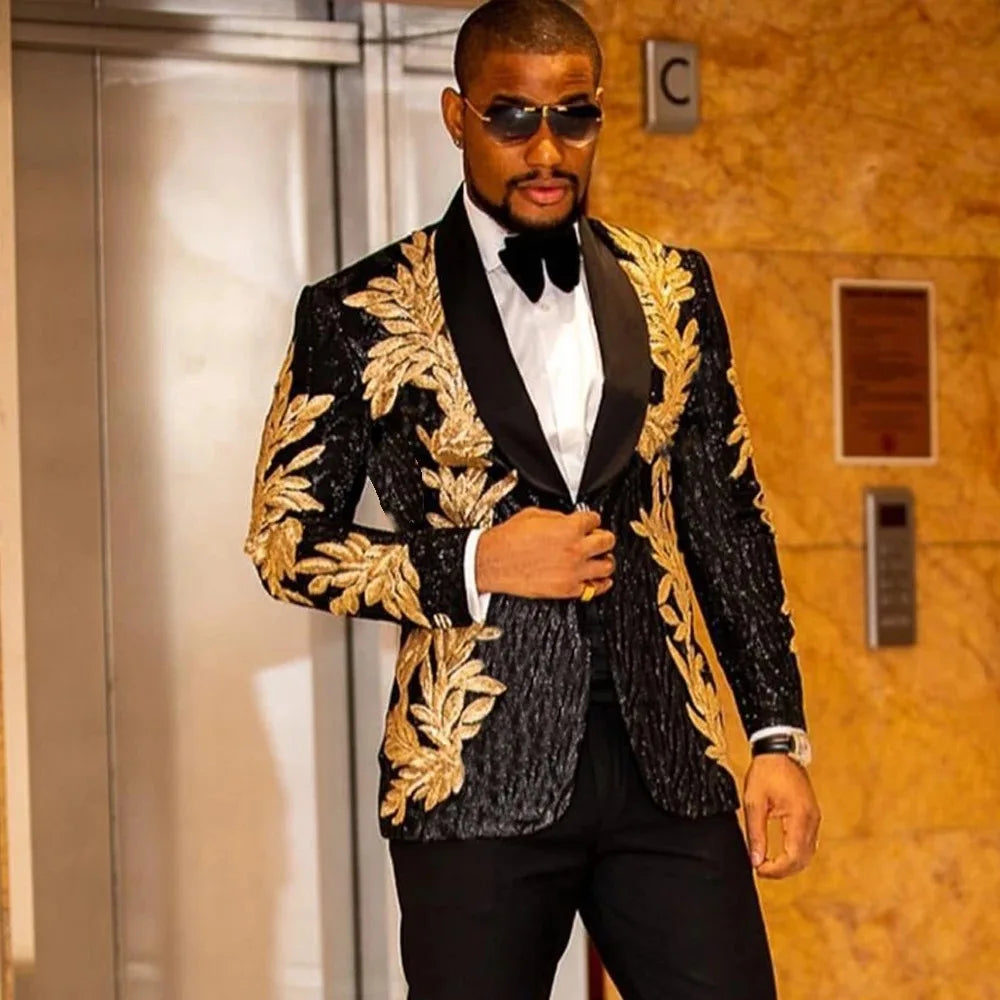Men Suits Tailor-Made 2 Pieces High Quality Gold Sequin Applique Suit Casual Suit Jacket Singer Performance Wedding Customized