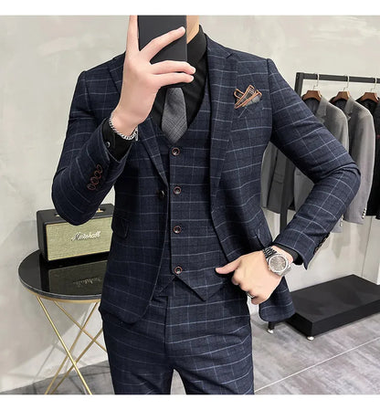 (Jackets +Pants+Vest) Luxury Men Groom Wedding Tuxedo Fashion Plaid Business Suits High Quality Casual Business Suit Three-piece