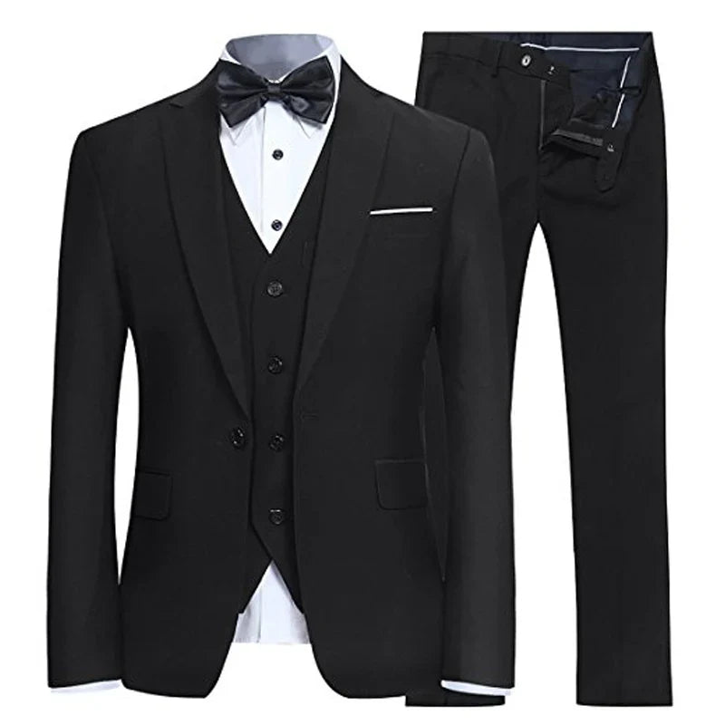 Black Business Party Men Suits 3 Piece One Button Trim Fit Custom Made Wedding Groom Tuxedos Jacket +Pants+ Vest