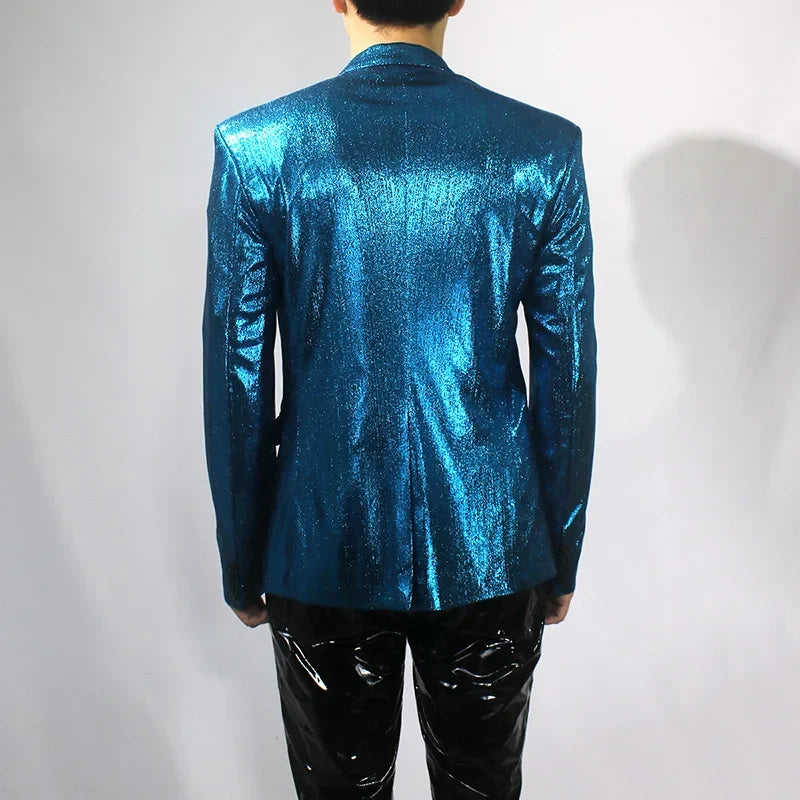 Bar Nightclub Shinny Silver Blue Green Blazer For Male Singer Host Stage Performance Costume Thin Style Slim One Button Coat