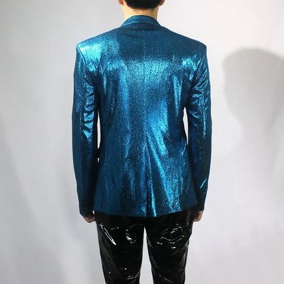 Bar Nightclub Shinny Silver Blue Green Blazer For Male Singer Host Stage Performance Costume Thin Style Slim One Button Coat