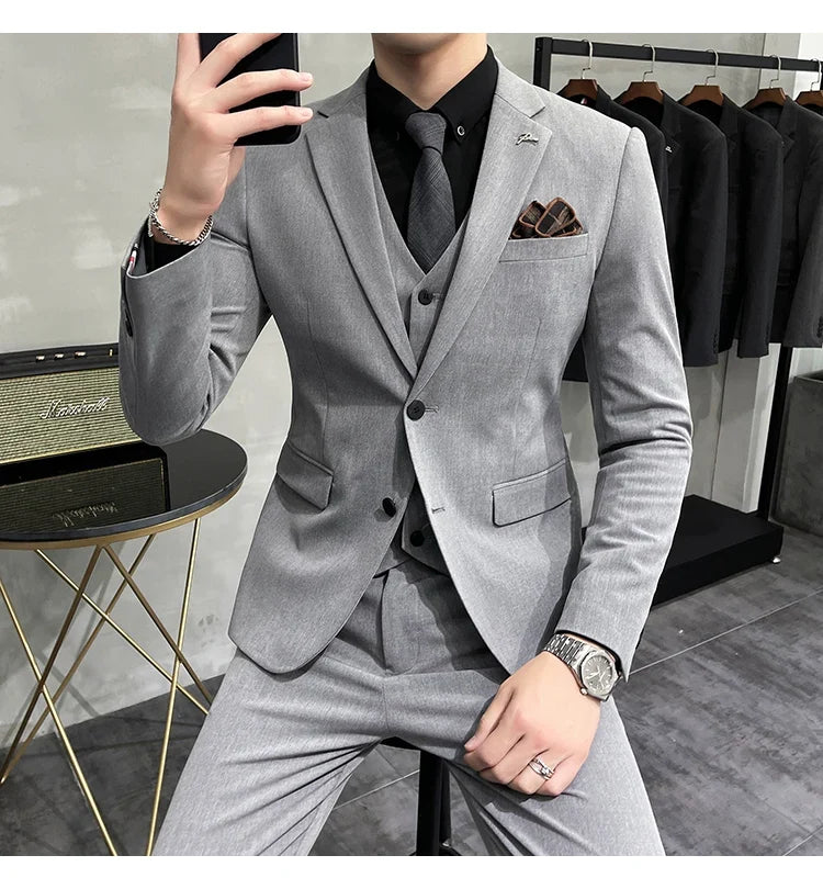 Plus Size S-7XL Man Korean Slim Fit Custom Groom Business Casual Tuxedo Blazers Vest Pant Casual Wedding Social Tuxedo Dress