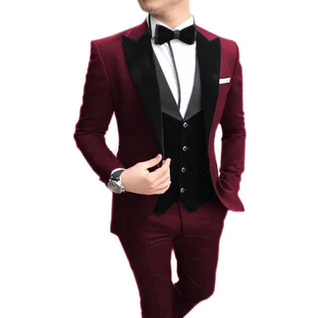 Brown Men wedding Suits Casual Slim Fit Black Notch Lapel Vest Best Man Tuxedos For Wedding Party Suits (Blazer+vest+Pants)
