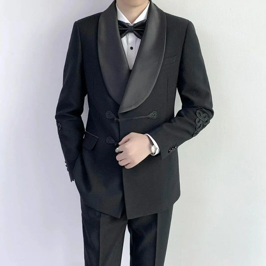 Men Suits Costume Homme Wide Lapel Slim Fit Wedding Groom Prom Formal Blazer Tailor-Made 2 Pieces Black Customized