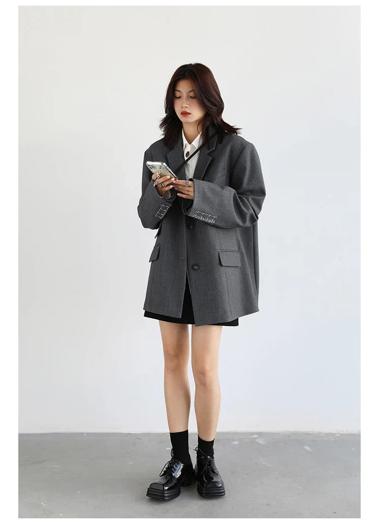 Women Office Lady Blazer Cuff Embroidery Wide Shoulder Twill Suit Women's Autumn Ladies Outerwear  Stylish Tops